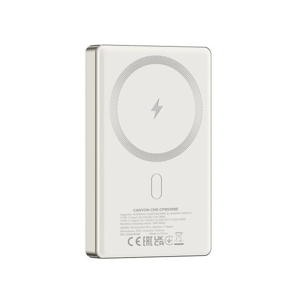 Внешний аккумулятор (павербанк) Canyon OnPower 510 Slim Magsafe 10000mAh 20W Beige (CNS-CPB510BE) 614026 фото