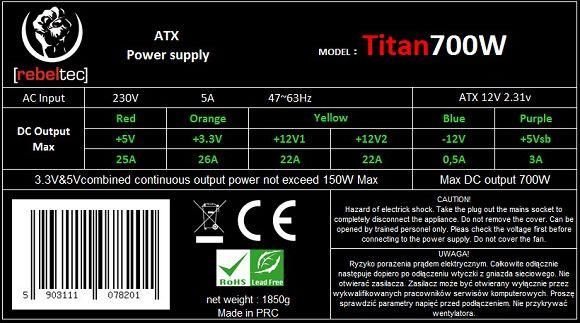 Блок живлення Rebeltec Titan 700W (RBLZAS00004) 337169 фото